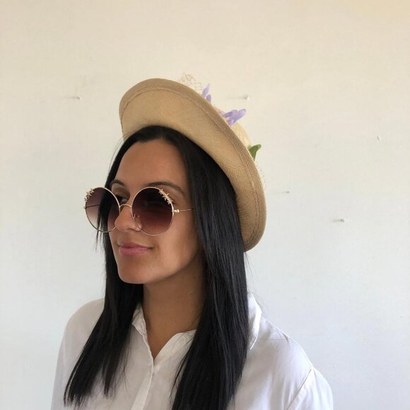 Vintage Floral Hat with Veil - Betmar New York - Tan Hat with Purple Flowers main image 8